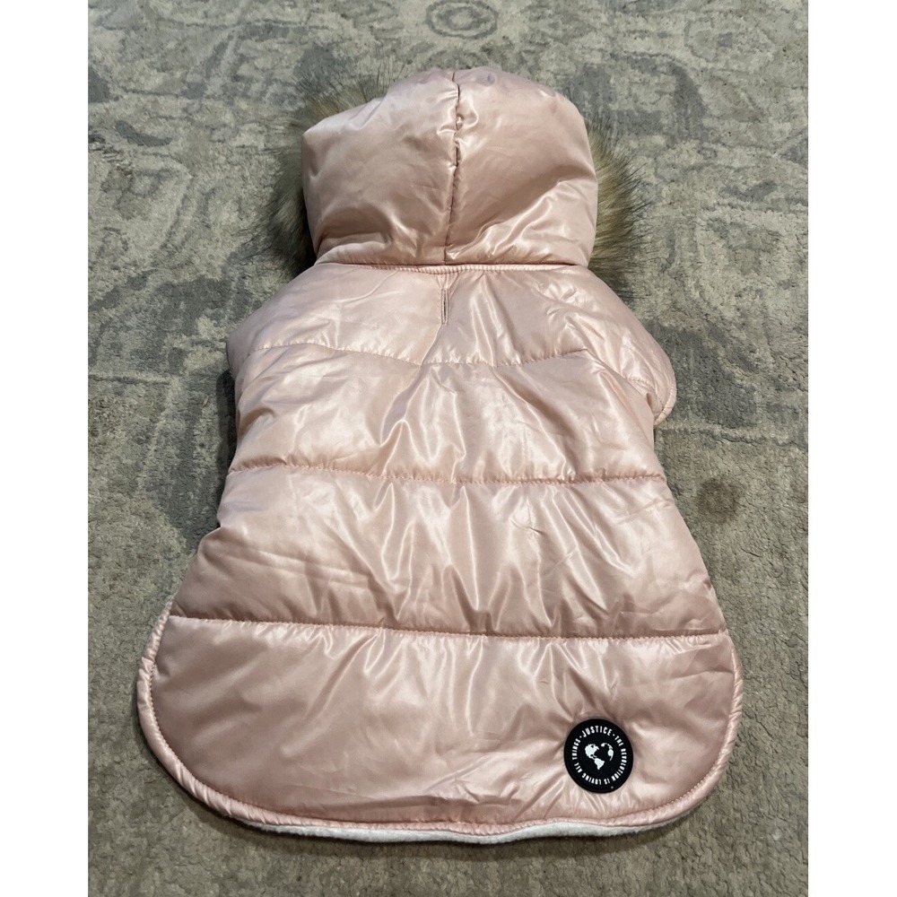 New Justice Pet‎ Reversible Puffer Jacket w/ Hood Sz Small Pink/white 13" Pug